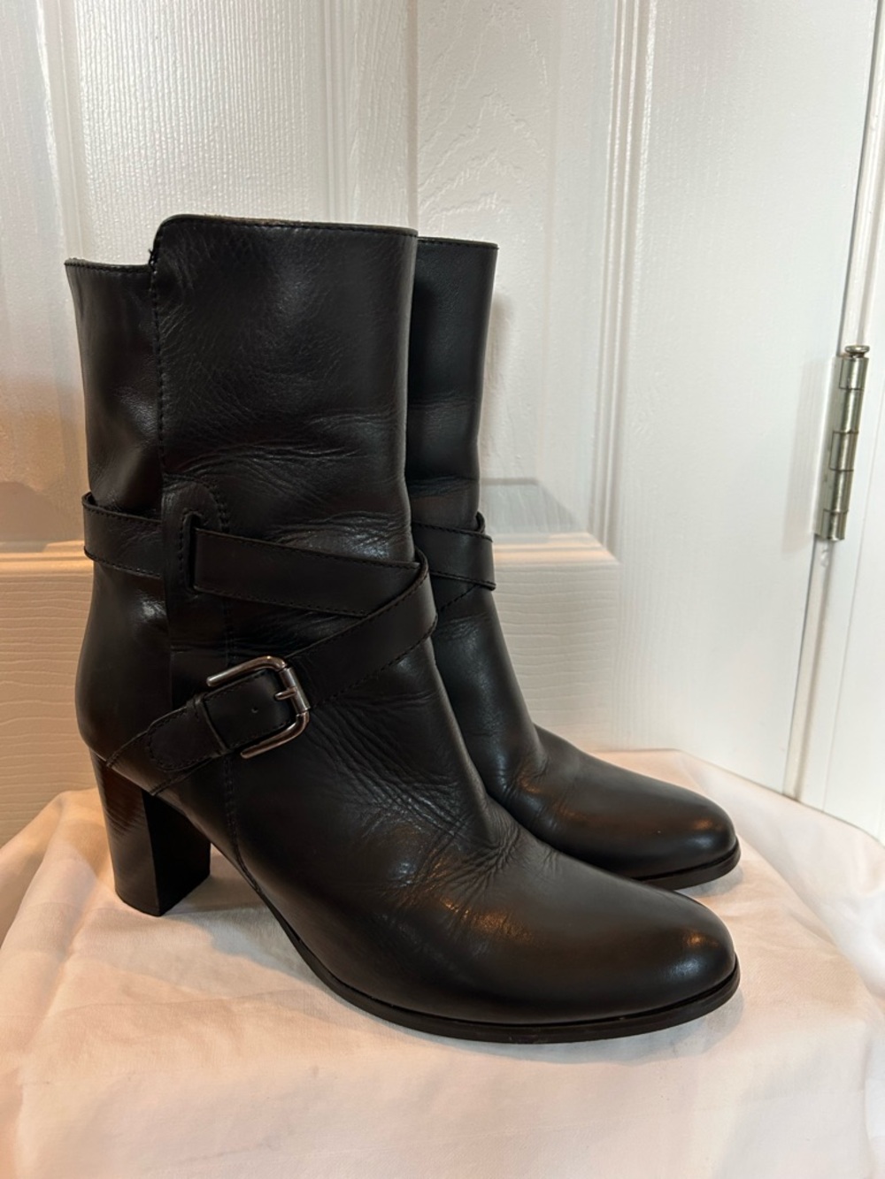 Sesto Meucci Black Leather Mid-Calf Heeled Boots with Buckle Size 9